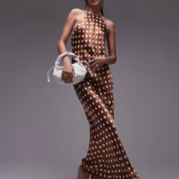Topshop Brown Polka Dot Halter Maxi Dress - Picture 3 of 7